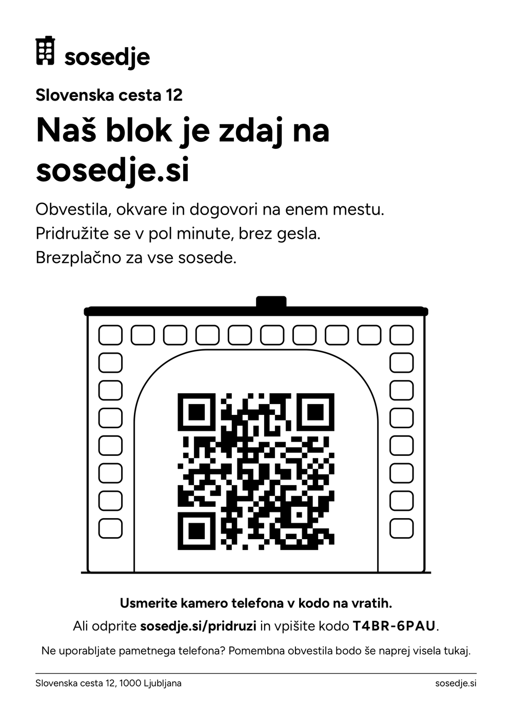 Plakat za vhod: narisan blok s kodo QR na vratih in koda za vpis.